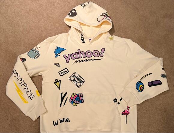 Yahoo! Hoodie Sweatshirt Cream Off White Vintage 90s Doodles Print Unisex Size S